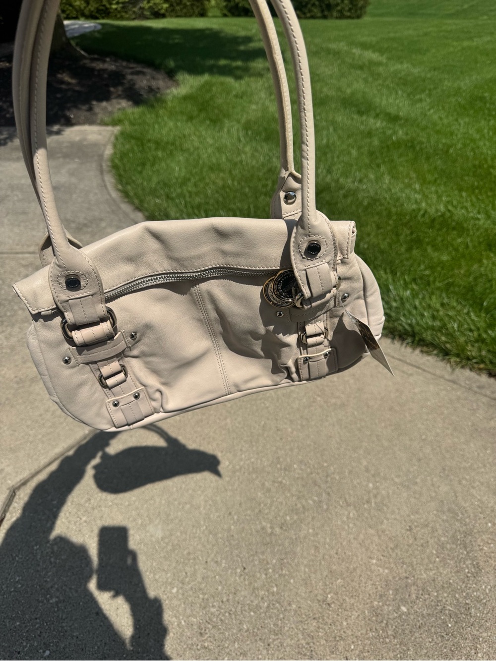 Tignanello Soft Touch Leather Shoulder Bag Neutral Beige Silver & Gold Hardware